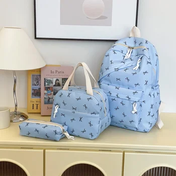 Chic Bow Accent Backpack Set 3Pcs Handbag&Pencil Bag Contrast Stitching Multi Pocket Women's Coordinated Set for Campus Commute