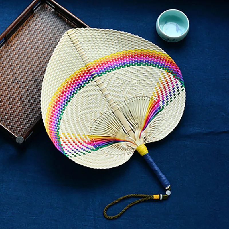Colorful Summer Cooling Fan, Handmade Straw Fan, Peach Shaped Bamboo Hand Fan, Woven Cooling Fan for Teahcourse, Home Decorati