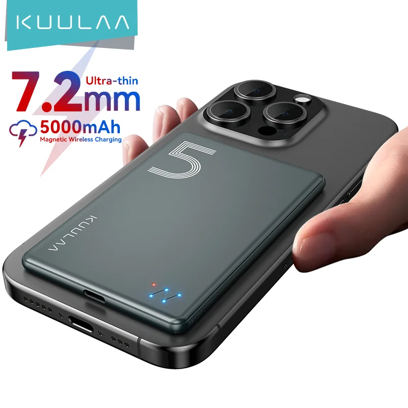 Externe accu, magnetisch, ultradun, 5000 mAh, draadloos opladen, 15 W en USB-C 20 W, compacte powerbank, compatibel met iPhone en Android, elegant en licht design