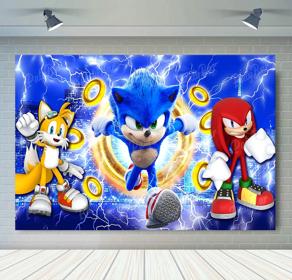 thumbnail image 1 of Fondo de fotografía de Sonic, el erizo de velocidad, héroe corredor, fondo de fotografía de dibujos animados para cumpleaños de niños, accesorios de vinilo de poliéster rojo y azul, 1 of 5