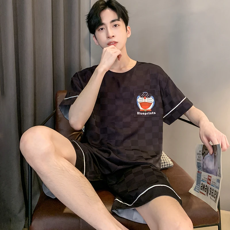 

-5℃ New Casual Pajamas Set for Men Soft Cool Skin Ice Silk Summer Shorts Two Piece Sleepwear Nightwear Short Sleeved Loungewear