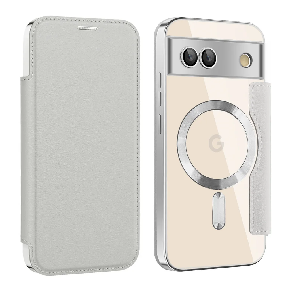 Luxury Leather Magnetic Wallet Card Clip Phone Case with Clear Cover and Wireless Charging Capability