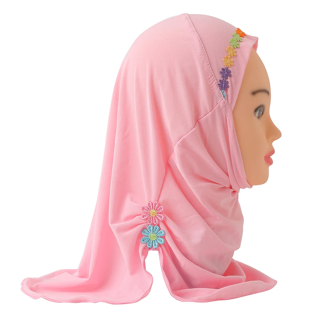 H041 Fit 2-5 years old small girl cute hijab cap with flower muslim scarf islamic headscarf hat amira pull on headwrap