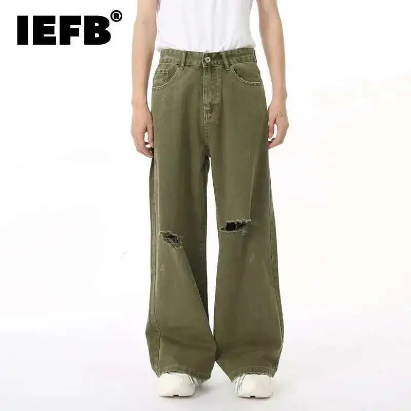 IEFB-Jean Droit Vintage pour Homme, Pantalon en Denim Vert, Vêtement à la Mode, Conception de Trous, Simple, Solide, Document, Coréen, Nouvelle Collection Automne, 9C6950