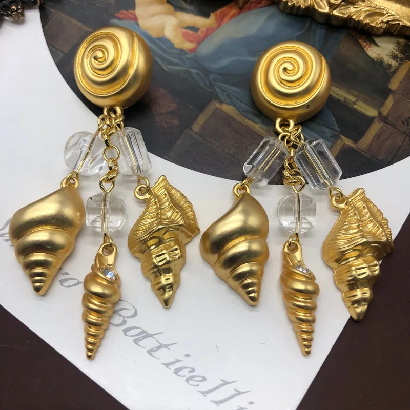 Vintage series snail and conch shaped pendant in Europe and America, medium length gold plated earrings and ear clips