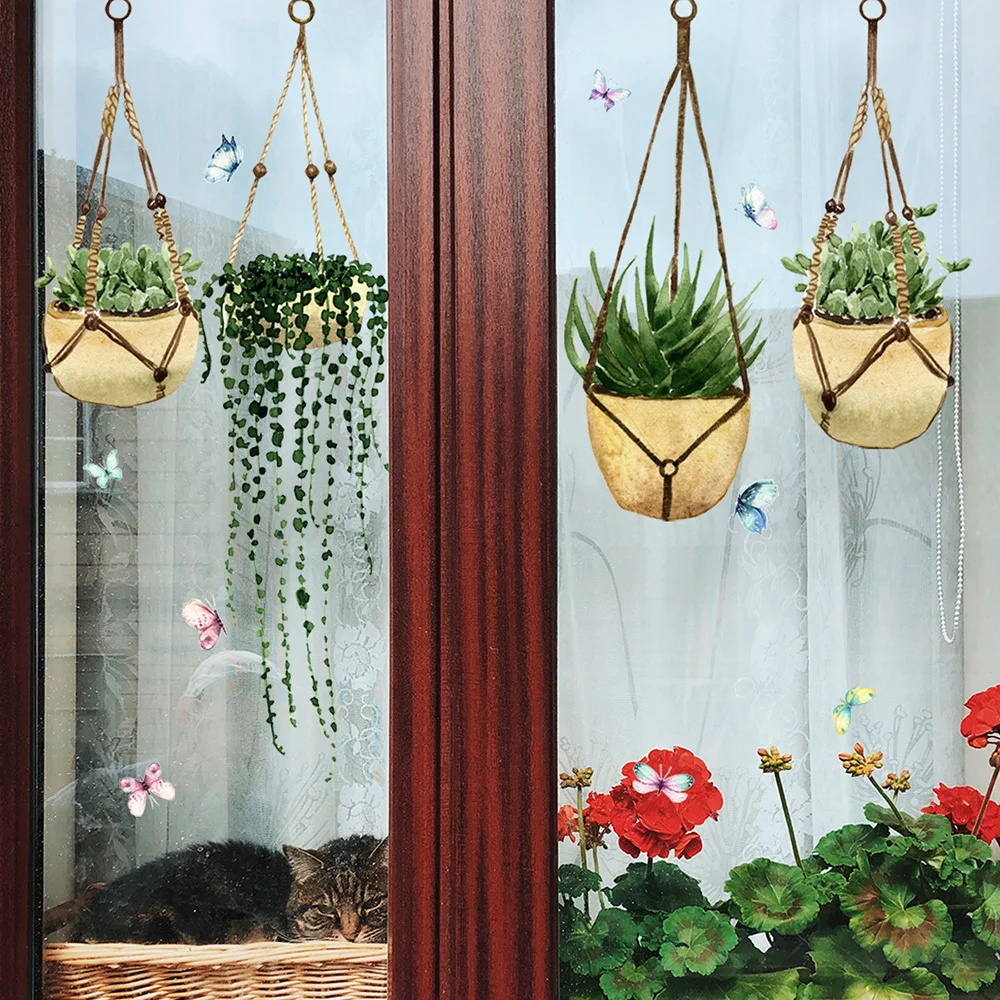 

Green Plant Potted Butterfly Wall Sticker Potted Leaves Window Electrostatic Sticker Double-sided Visual Creative Glass Sticker