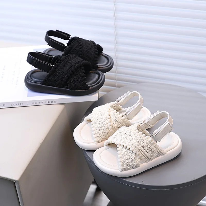 Girls Sandals Summer Beach Shoes Cute Sweet Kids Sandals For Girl Ankle Strap Open-toed Sandals Beige, Black