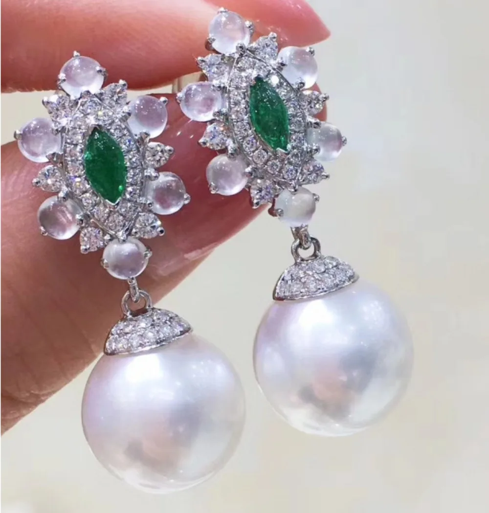 

Fantastic pair 11-12mm natural south sea genuine white round pearl dangle earring silver 925 long earrings for women