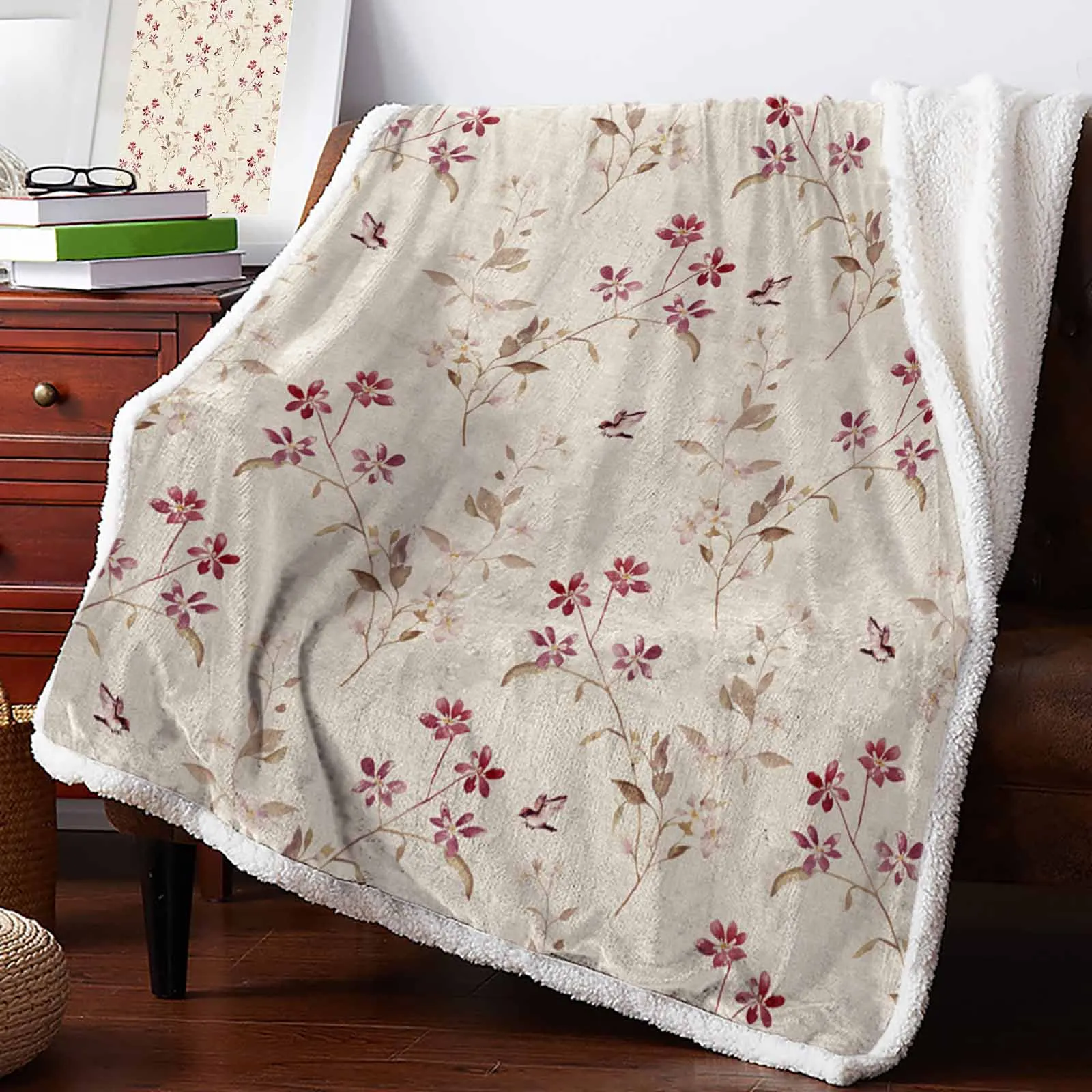 

Flowers Leaves Birds Watercolor Cashmere Blanket Winter Warm Soft Throw Blankets for Beds Sofa Wool Blanket Bedspread