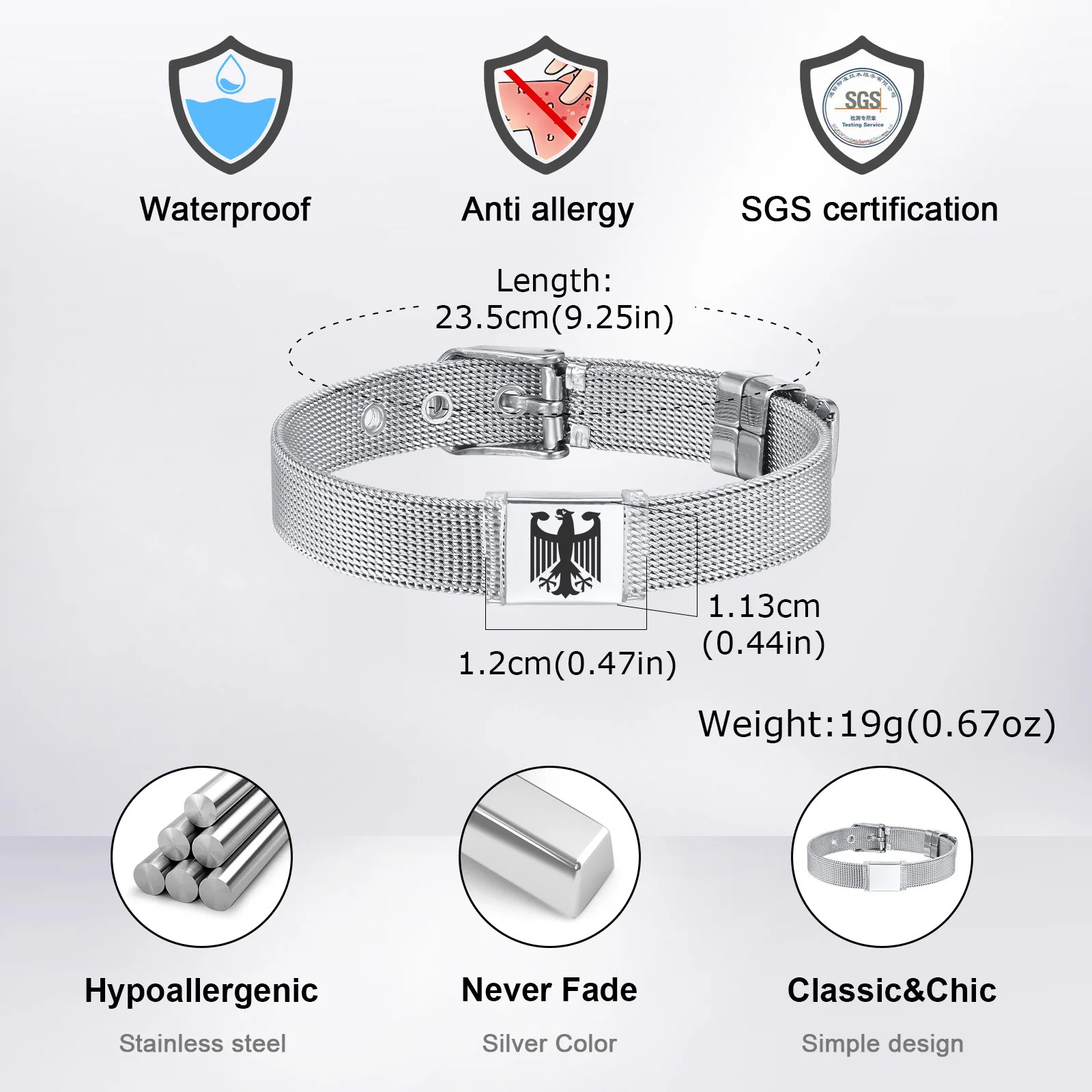 German Eagle Bracelet for Men Boys,Stainless Steel Mesh Adjustable Wristband,Germany Jewelry Gift