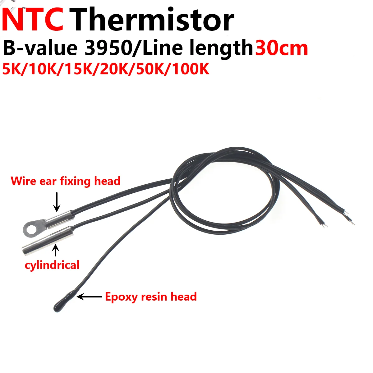 10pcs 3950 3435 3470 NTC 5K 10K 15K 20K 50K 100K 300MM Precision Epoxy Thermistor Temperature Sensor lingee meb13 1 30mm epoxy resin coated ntc thermistor 10k 50k 100k 3950 miniature temperature sensor probes