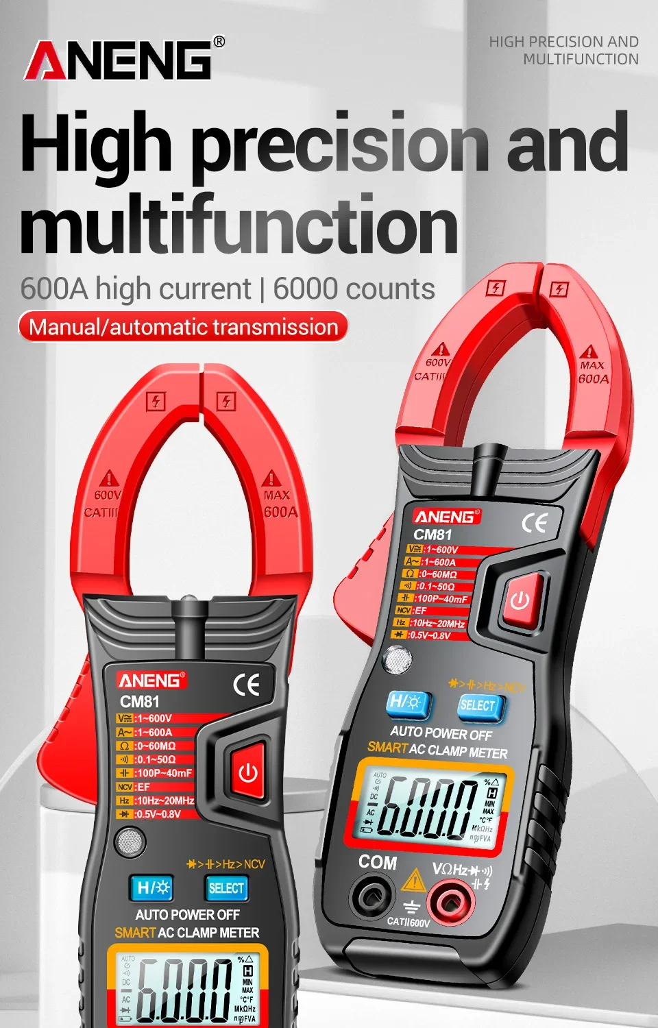 ANENG CM81 Digital Clamp Multimeter - AC/DC Voltage, Current, Resistance, Capacitance, and Diode Tester High-performance, auto-ranging digital clamp multimeter for precise measurements of AC/DC voltage, current, resistance, capacitance, and diode testing. High-performance, auto-ranging digital clamp multimeter for precise measurements of AC/DC voltage, current, resistance, capacitance, and diode testing. Sb5fabe7fabee4a3d8c7afffb43f3d557s -