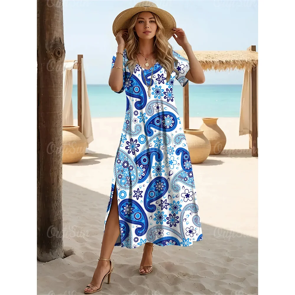 Women S Woven Paisley Vacation Sexy Long Dress Two Piece Set