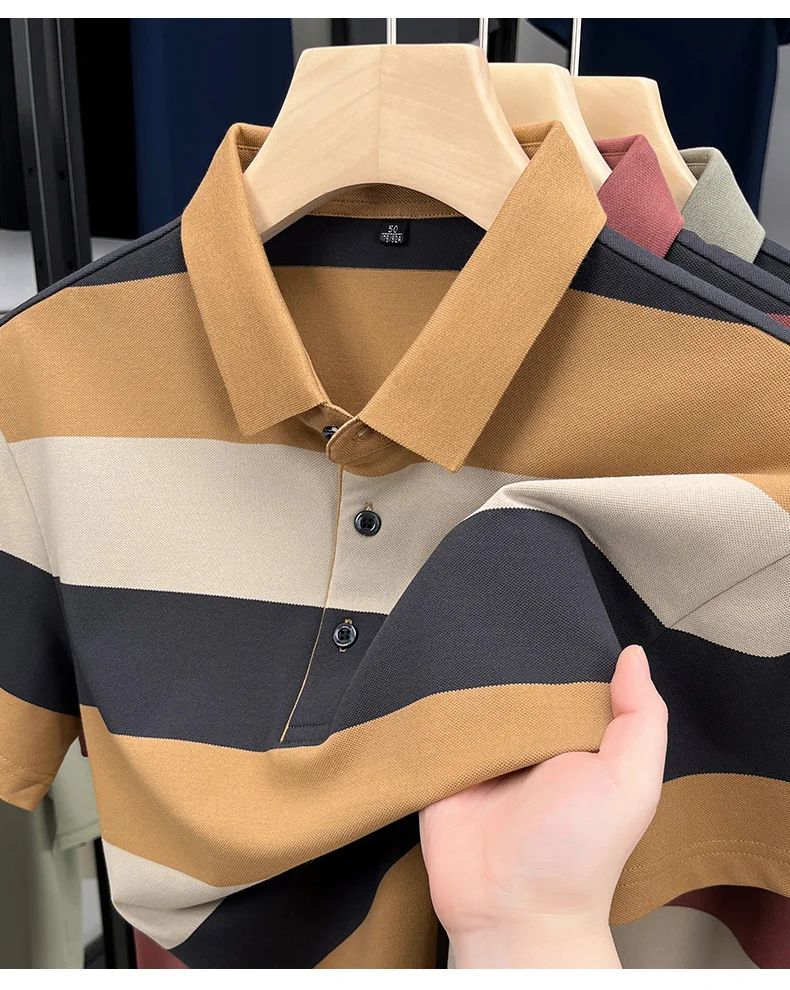High end fashion men short sleeve polo shirt summer trend stripe men's wear middle-age business casual breathable lapel T-shirt 20 Sb5fac90ed5be439b9b815173792cb450u