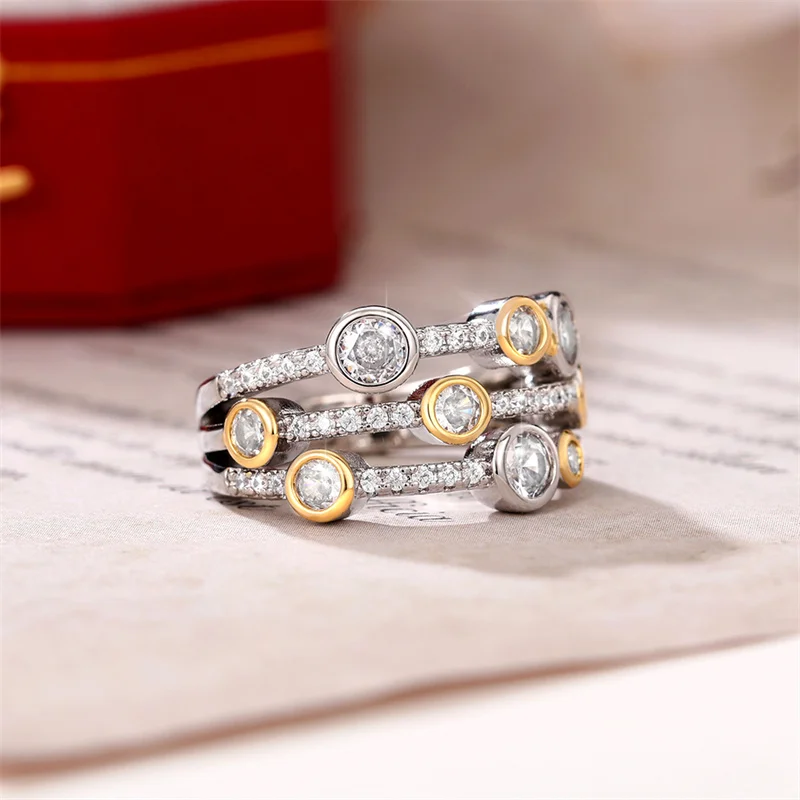 Huitan Personality Two Tone Three Line Rings Women Full Paved CZ Sparkling Female Wedding Bands Rings Modern Fashion New Jewelry