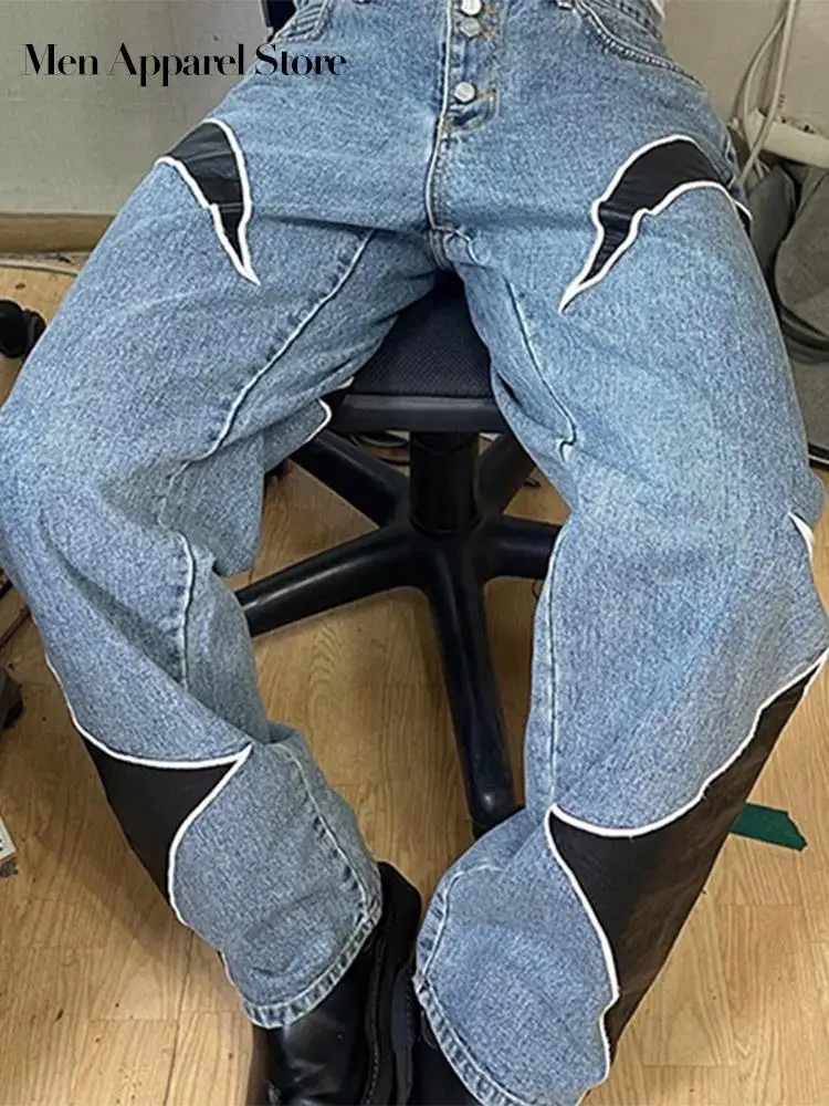 Pu Leather Baggy Patchwork Jeans Pants Men Thug Club Straight Men's Streetwear Autumn 2023 Oversize Unisex Cargo Trousers Man