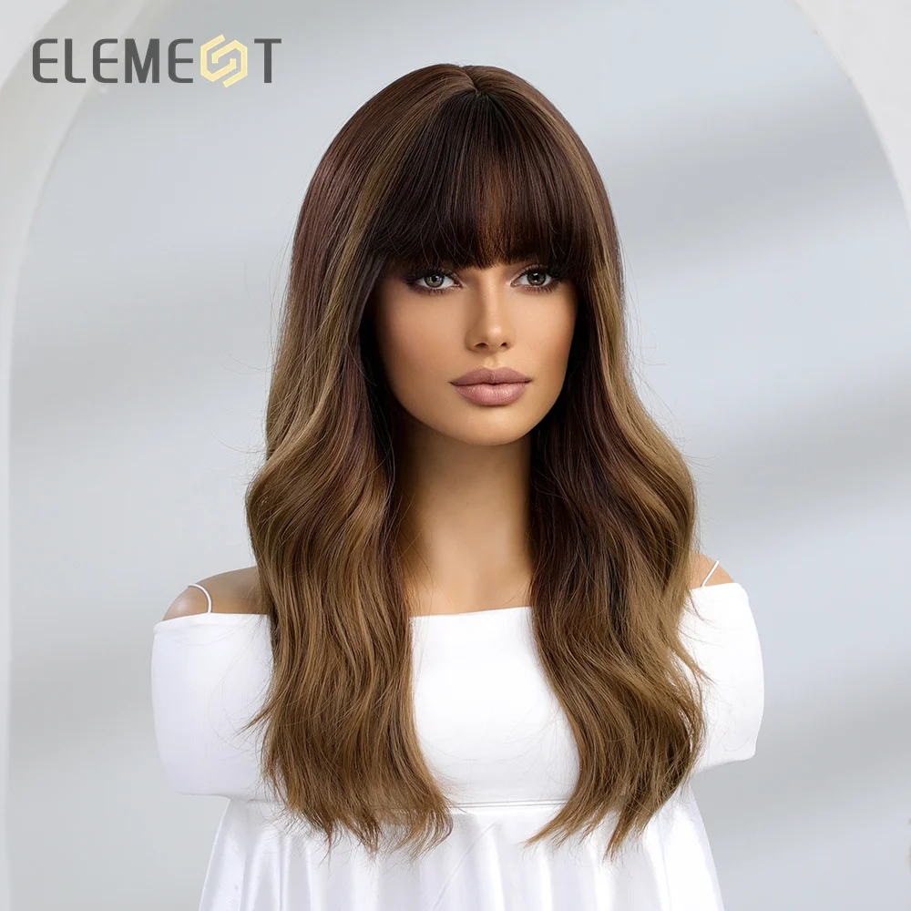 elemento peruca sintética longa ondulado de água média ombre marrom escuro com franja peruca para festa feminina diário cabelo resistente ao calor da forma