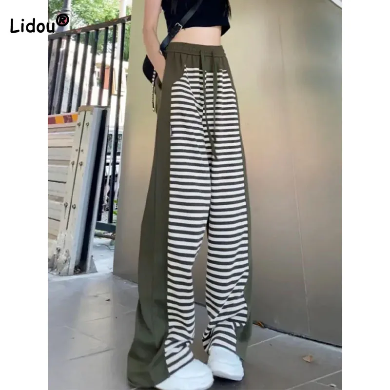 

Women's Loose Straight Solid Color Spliced Striped Full Length Pants Streetwear Casual High Waist Contrasting Colors Trousers