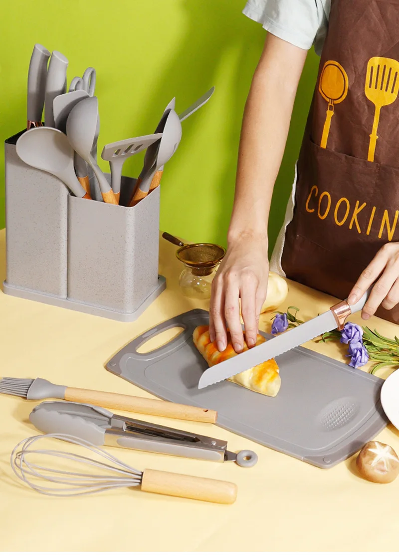 Ensemble d'Ustensiles de Cuisine en Silicone avec Manche en Bois