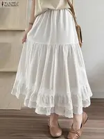 ZANZEA Elegant Women Maxi Skirts 2025 Fashion Ruffled Long Bottoms Casual Solid Lace Party Elastic Waist Jupes Faldas Saia