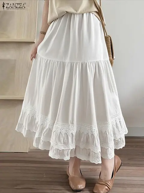 ZANZEA Elegant Women Maxi Skirts 2025 Fashion Ruffled Long Bottoms Casual Solid Lace Party Elastic Waist Jupes Faldas Saia