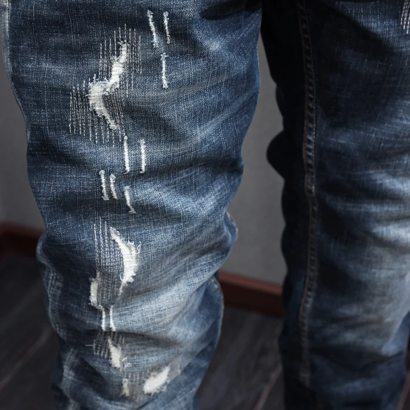 Fashion Designer Men Jeans Retro Black Blue High Quality Elastic Slim Fit Patched Ripped Jeans Men Vintage Denim Pants Hombre
