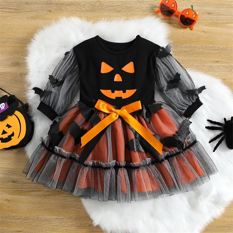 Cute Toddler Girl s Halloween Costume Long Sleeve Dress with Spooky Bat Print and Mesh Yarn Detail A-line Dress
