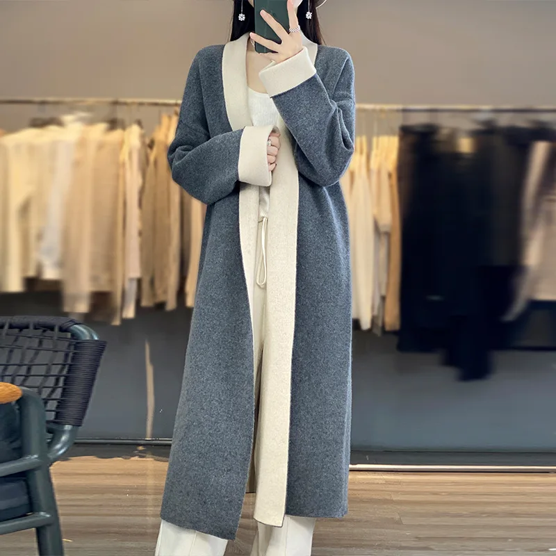 2023 Winter New Women Double-Sided Wool Overcoat Female Temperament Patchwork Long Over The Knee V-neck Knitted Woolen Outwear high quality beach wool scarf korean women s fashion real fur warm scarf double sided thick temperament short neck new 2023