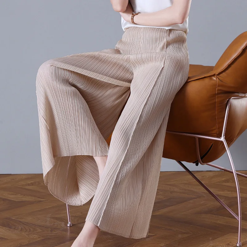 Wide Leg Pants Women Casual 2022 Summer Fashion High Waist Solid Color Stretch Loose Miyake Pleated Ankle-Length Trousers Female