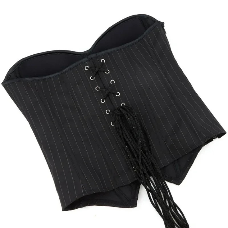 Black Striped Corset Top Women Overbust Bustier With Bras Cup Zipper Sexy Lace-Up Plastic Boned Corselet