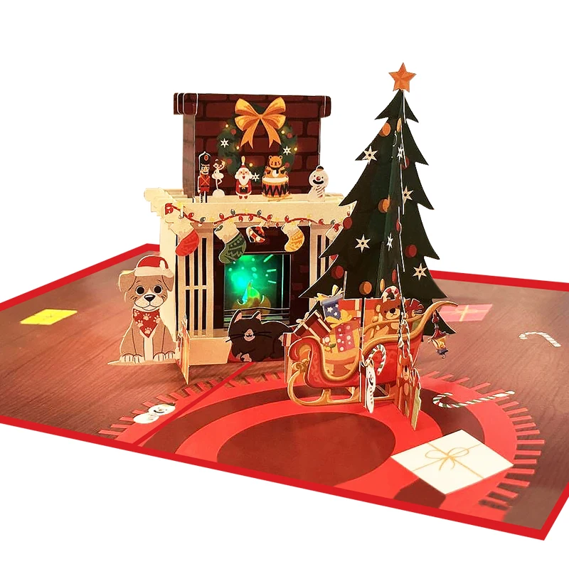 Sound Recordable Music 3d Pop Up Luxury Christmas LED Light Greeting Gift Paper Cards