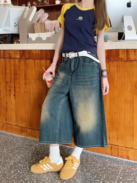 Jean court large bleu rétro pour femmes, Baggy Y2k, décontracté, Vintage, Streetwear, Harajuku, Style coréen, Short en Denim, basique, été 2024 3