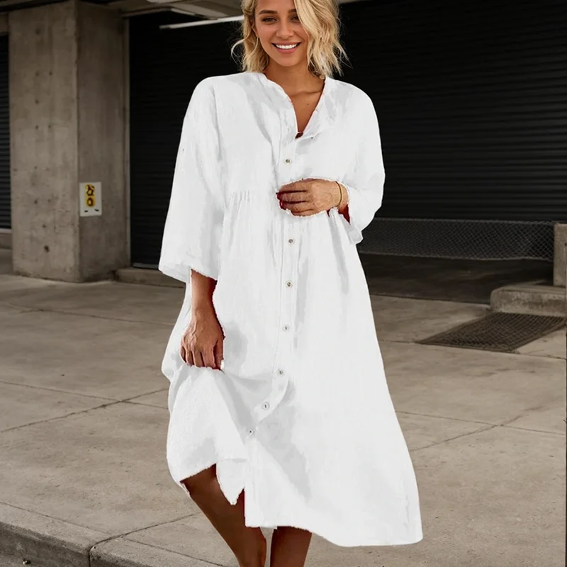 Casual Dress For Women Spring Autumn New Long Sleeve Button O-neck Loose Solid Fashion Elegant Commute Female A-line Dress - 5