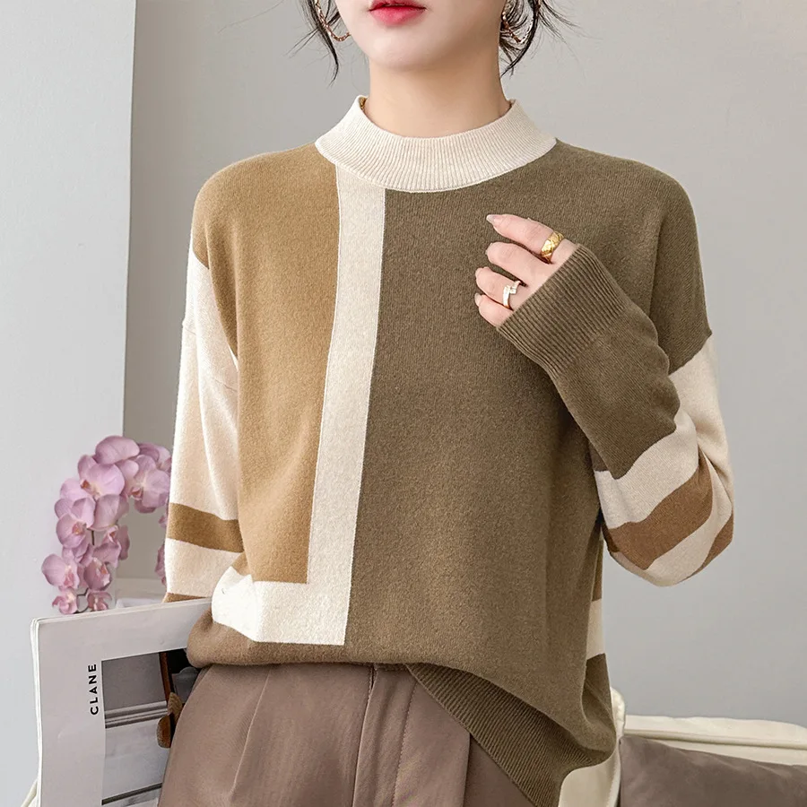 

Pure wool knitted sweaters, round neck sweater, color-blocking, Korean style, fashion, autumn and winter