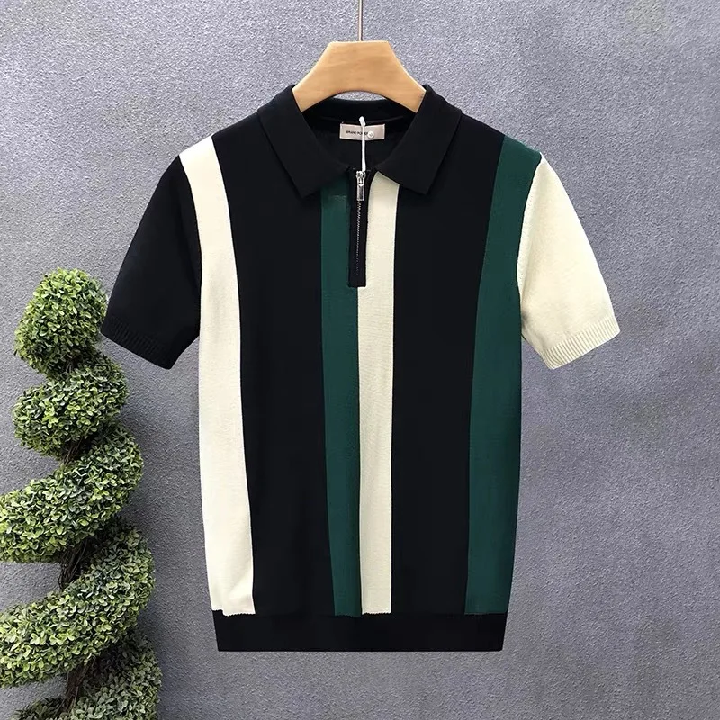 Maglione lavorato a maglia a maniche corte con collo a polo, mezza zip, color block, stile business britannico da uomo - immagine 4
