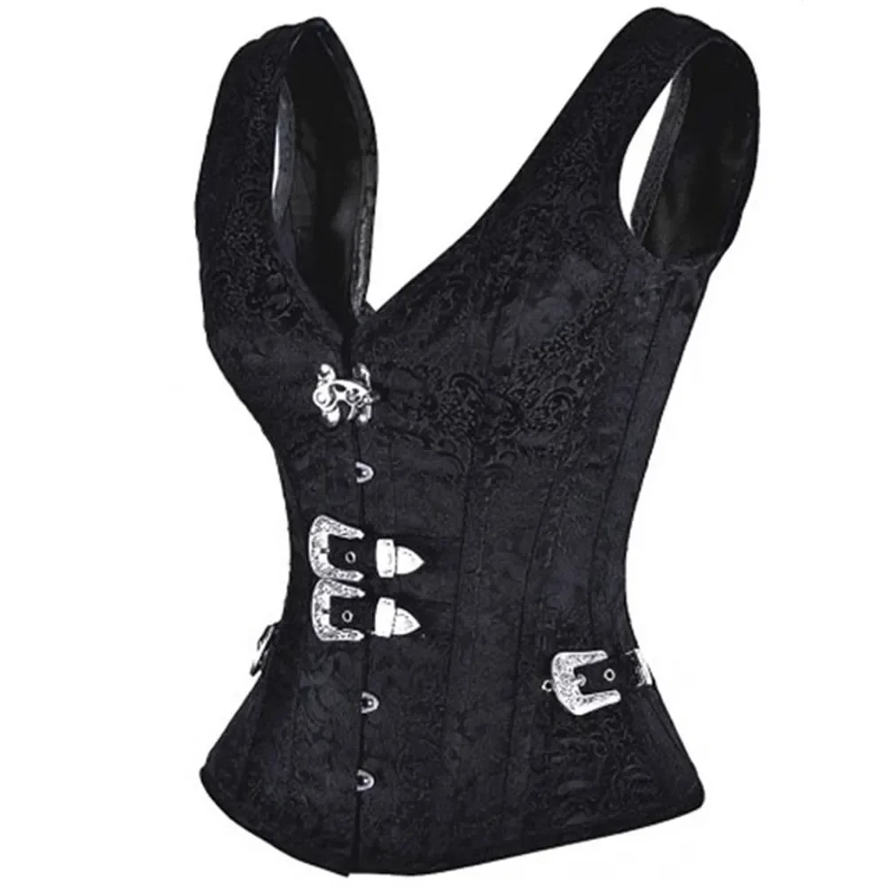 Steampunk Corset with Straps Women Overbust Bustier Top Vest Plus Size Gothic Vintage Outerwear Corselet Basques Black