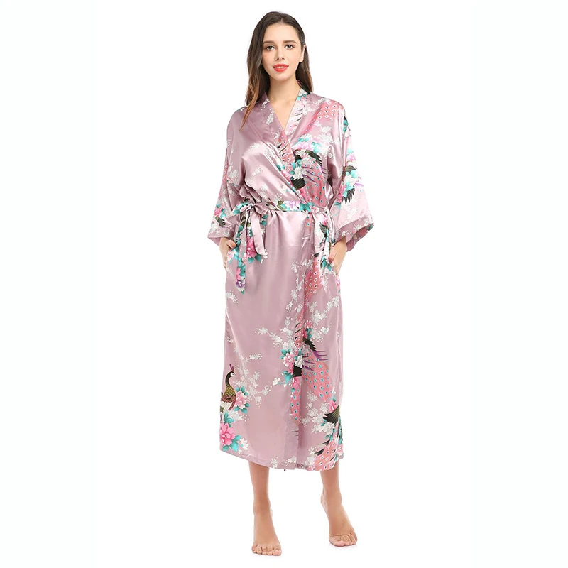 Women Sleepwear Bride Robes Silk Robe Womens Silk Satin Kimono Robes Long Sleepwear Dressing Gown Floral Peacock Printed Pattern Party Wedding Bridesmaid Bathrobe