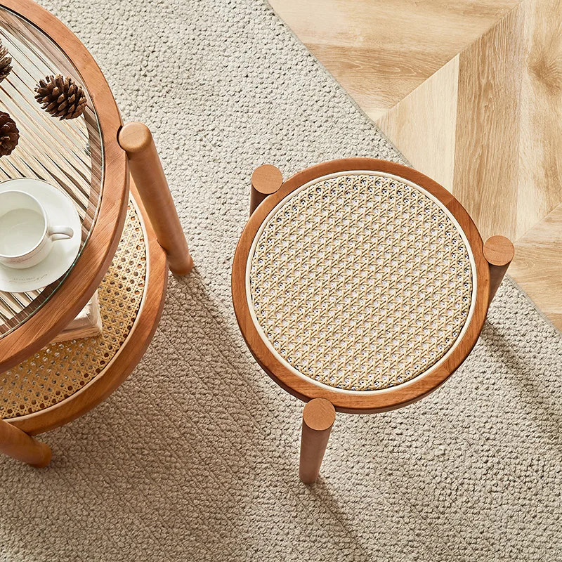 Nordic Solid Wood Rattan Woven Round Stool Casual Low Stool Light Luxury Rattan Woven Household Small Bench for Stacking Shoes