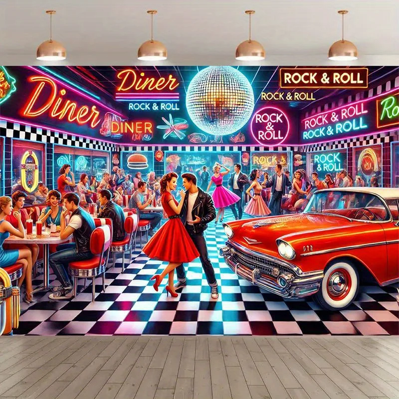 1-Hintergrund für Vintage-Restaurantszenenfotografie – Felsthema, Vintage-Auto und kariertes Bodendesign, Felsdekoration – Detail 1