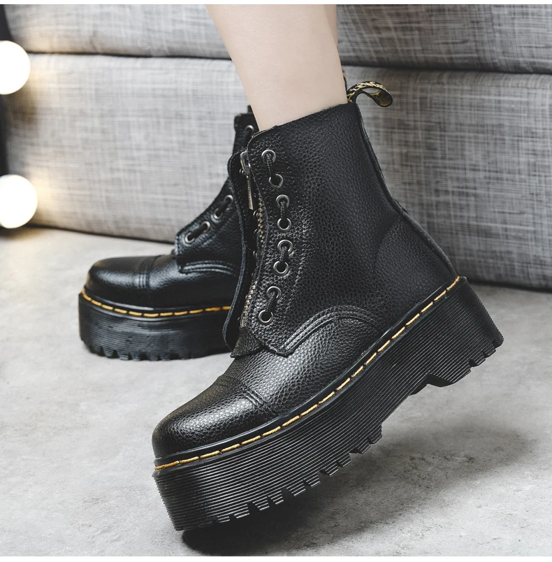 Women Leather Boots - Retro Platform Motorcycle Ankle Boots With Front Zipper