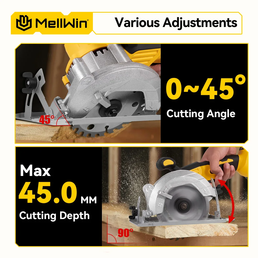 MELLWIN 5 Inch Electric Brushless Circular Saw 125MM Cordless Woodworking Multifunctional Saw Power Tool for 21V 18V Battery