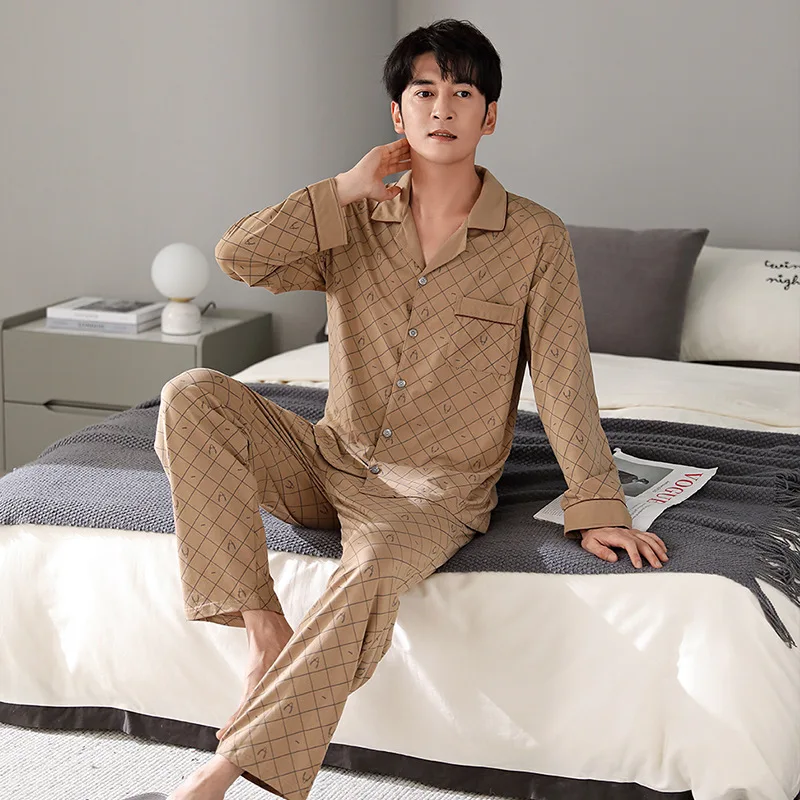 Spring Autumn Men's Pure Cotton Pajamas Lapel Long Sleeve Plaid Cardigan Pants Oversized Loose Fitting Casual Home Clothing Set
