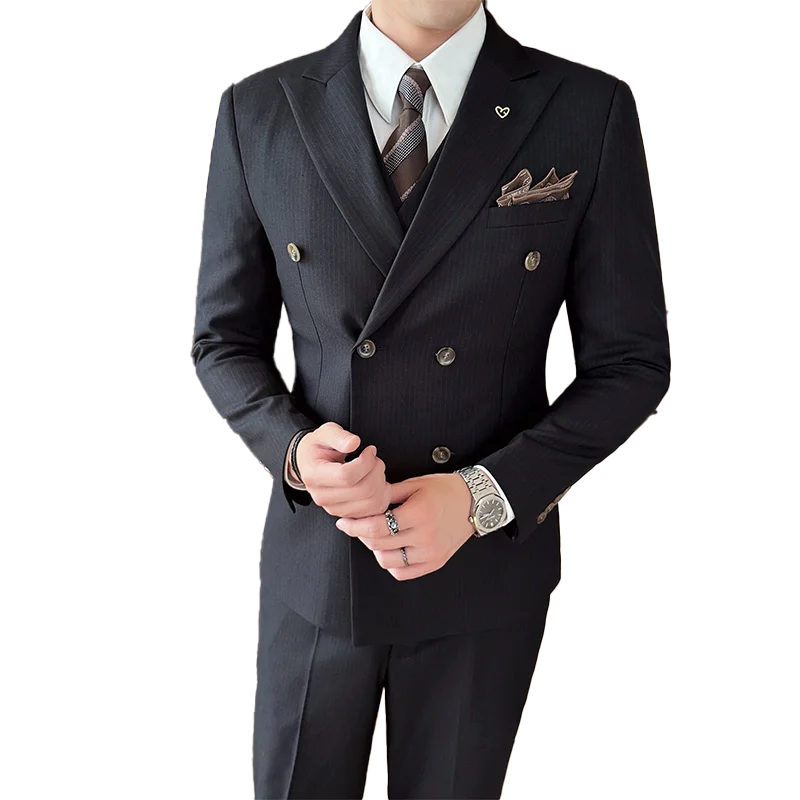Men's High Sense (suit + Vest + Trousers) Double Breasted Weight 3/2 Piece Business Casual Bridegroom Wedding Dress Regular