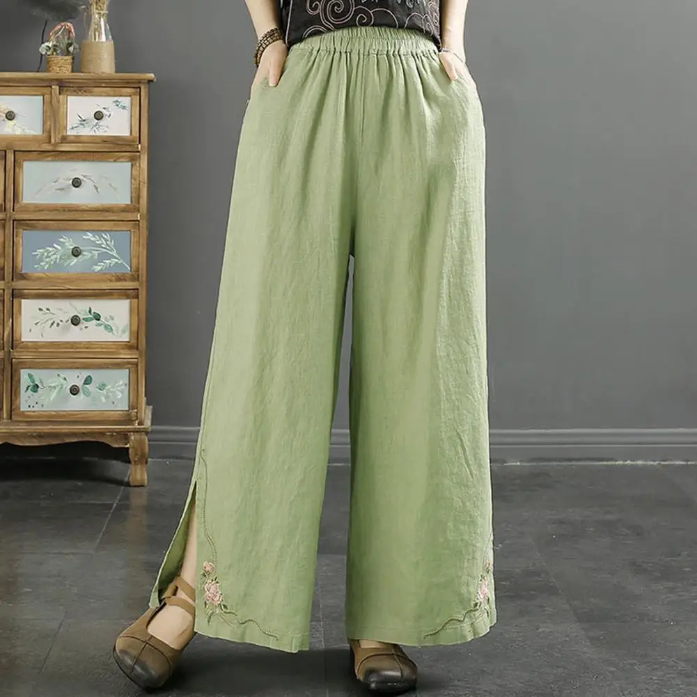 

Embroidered Wide Leg Trousers Stylish High Waist Women's Cotton Trousers with Embroidered Wide Leg Elastic Waist for Vacation