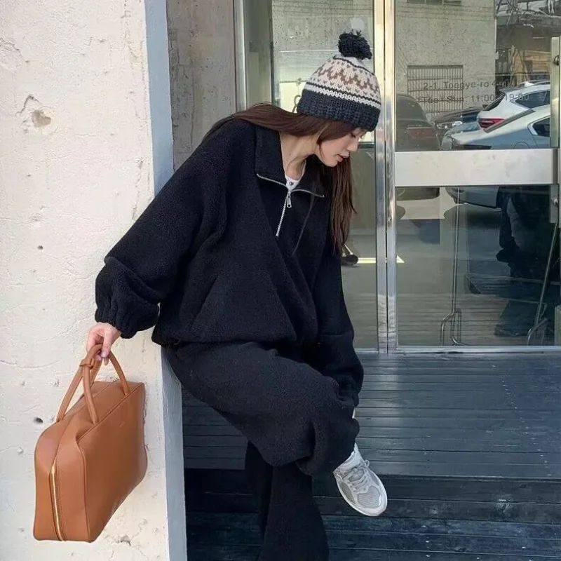 

Women's Korean Spring Autumn Retro Lamb Fleece Standing Neck Zipper Drawstring Sweater+Elastic Waist Strap Casual Pants Set