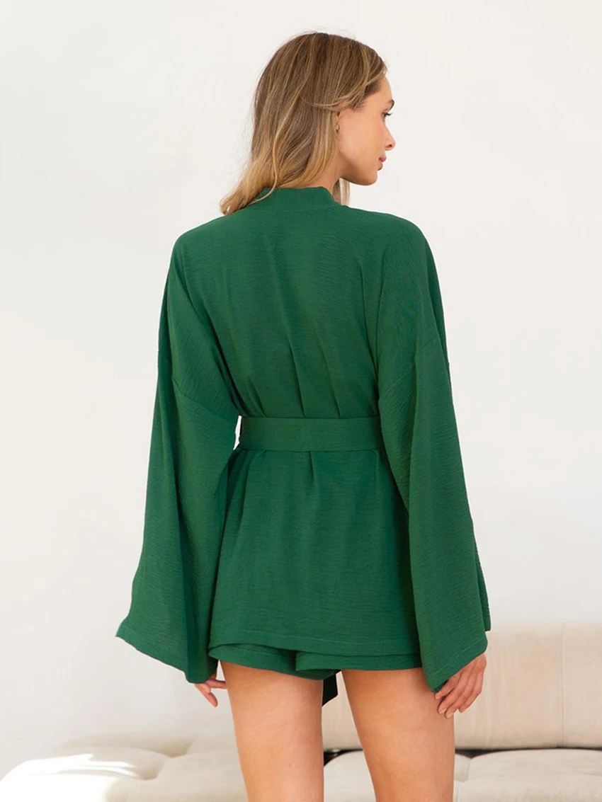 Marthaqiqi Autumn Women Pajama Suit Sexy Lace Up Lingerie Nightie Long Sleeve V-Neck Pyjamas Shorts Ladies Sleepwear 3 Piece Set