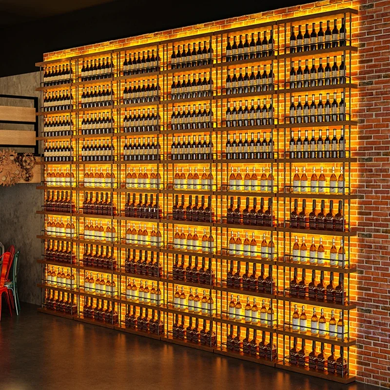Iron Bar Wall Wine Rack Light Hanging Storage Display Cabinet Shelves Corner Commercial Botellero De Madera Wine Rack Floor