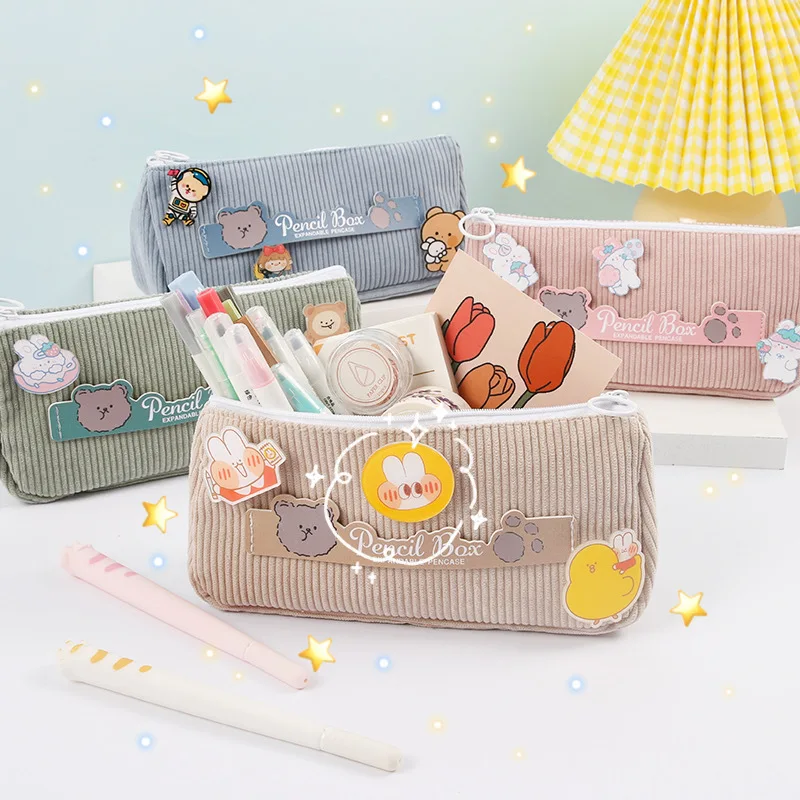 

Ins Korean Pencil Bag Cute Cartoon Bear Pen Bag High Capacity Corduroy Stationery Cosmetic Storgae Bag for Kawaii Student Supply