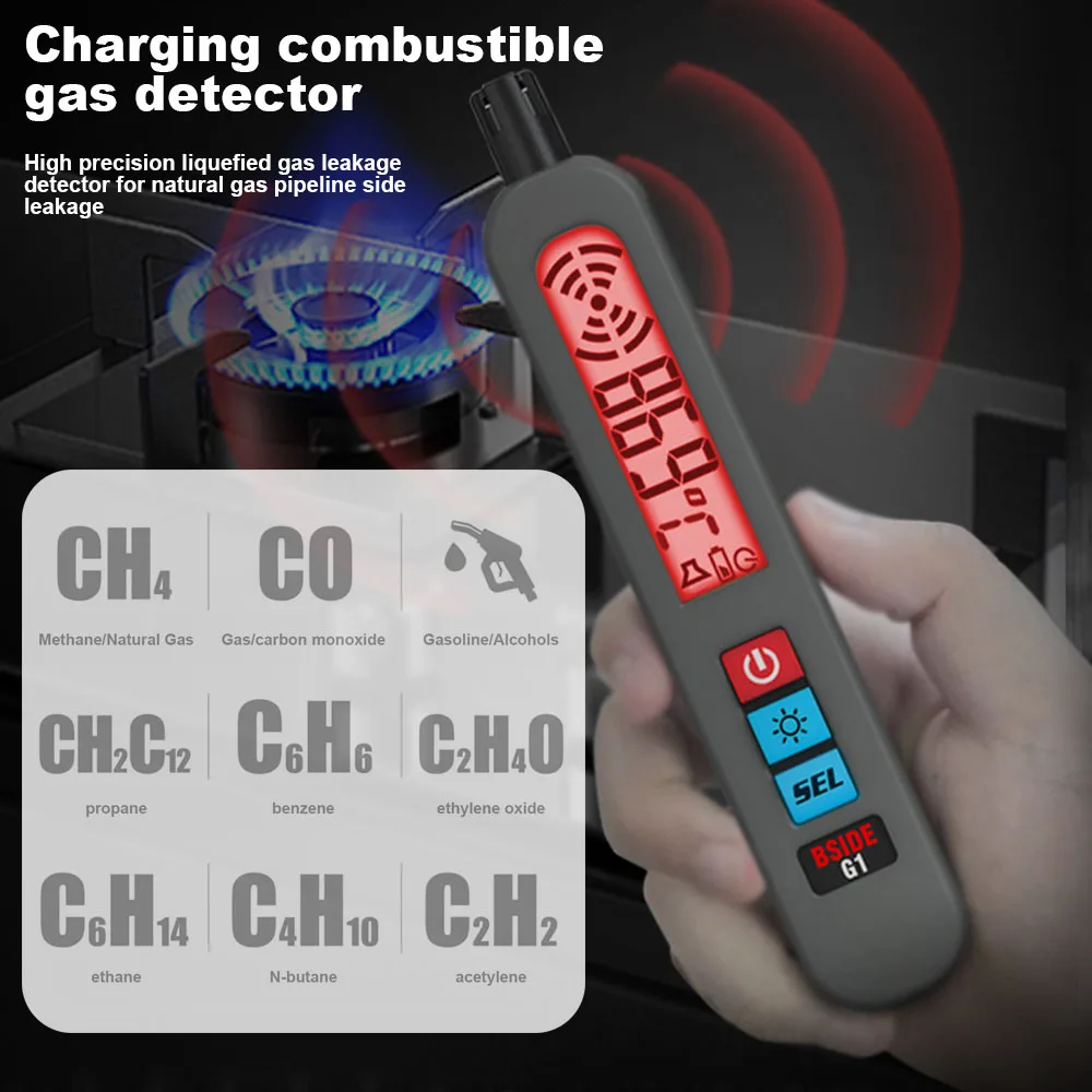 

Gas Leak Detector Combustible Natural Gas Recharge Portable Sound And Light Vibration Alarm LCD Display Methane Alcohol Tester
