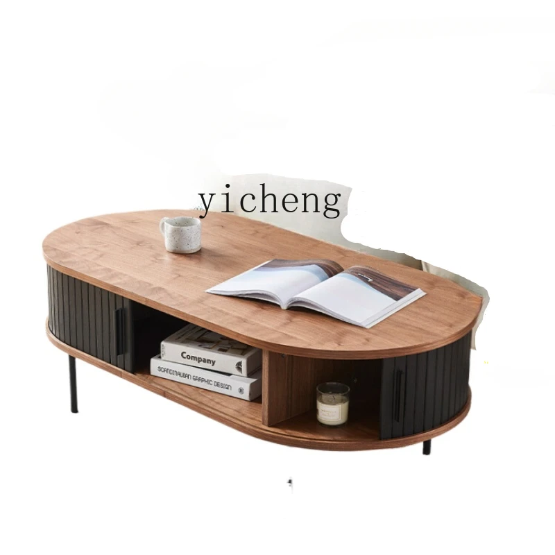 

Tqh Solid Wood Coffee Table TV Cabinet Suit Home Living Room Small Apartment Retro Oval Tea Table